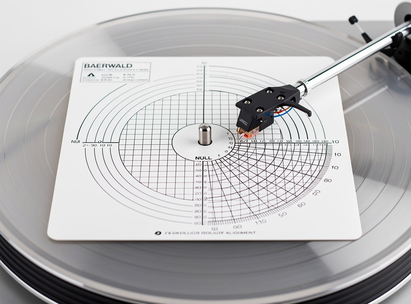 Cartridge alignment protractor placed on turntable platter with grid markings visible
