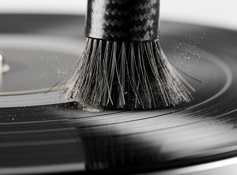 Carbon fiber brush sweeping across a spinning vinyl record removing dust