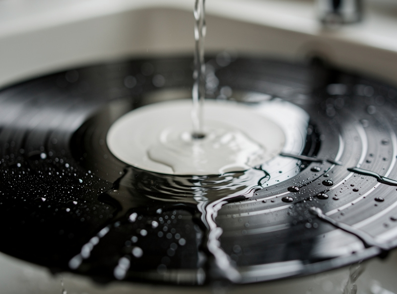 Hands using a velvet brush to wet clean a vinyl record with cleaning solution