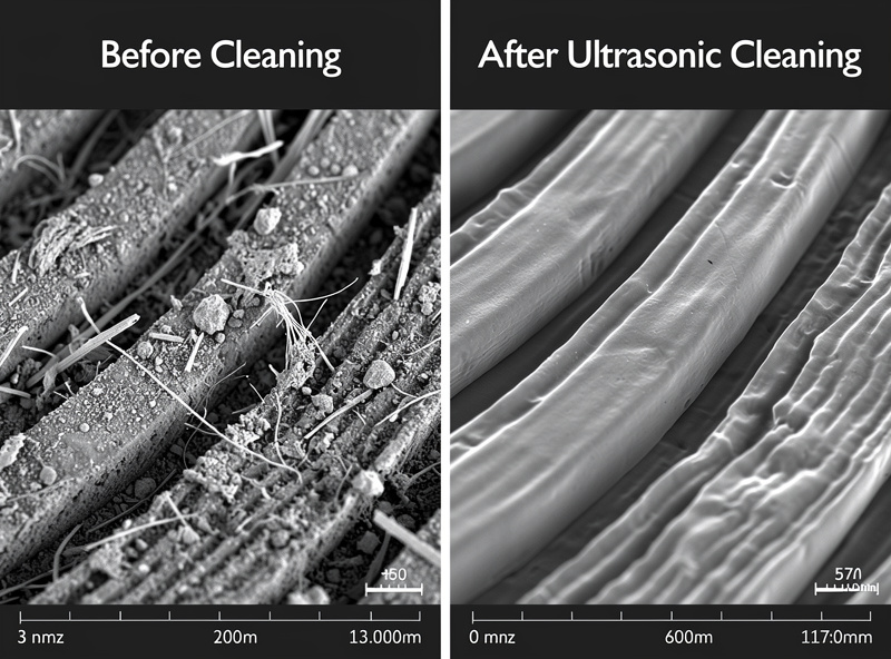 Comparison showing dirty record surface next to freshly cleaned record surface under light