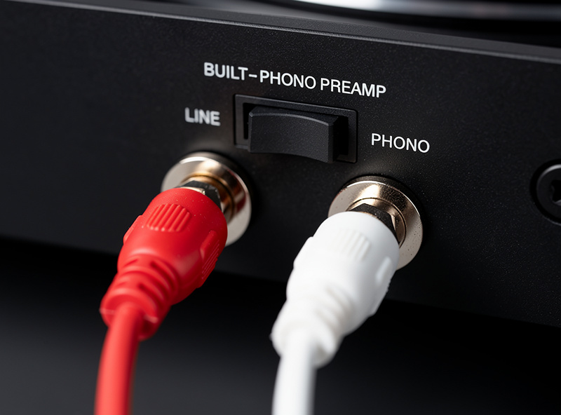 Rear panel of a turntable showing phono/line switch for built-in preamp selection