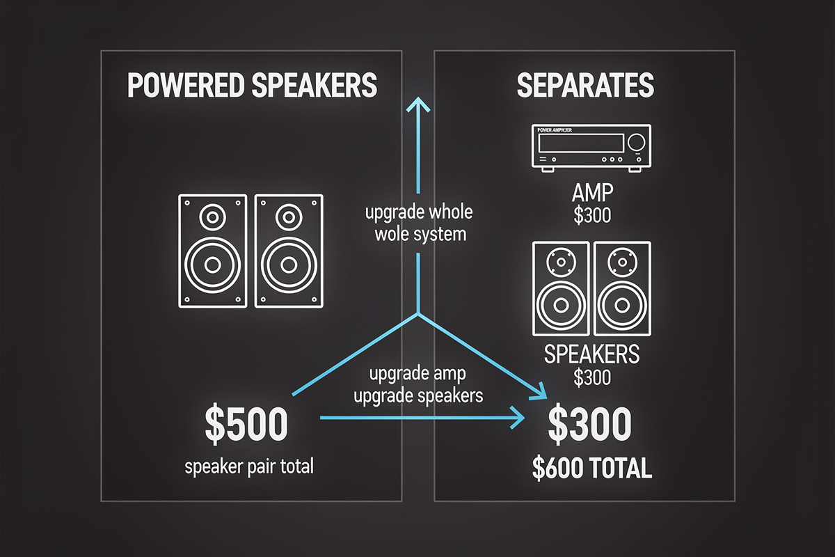 Comparison chart showing powered speakers versus separate amp and speakers cost and upgrade paths