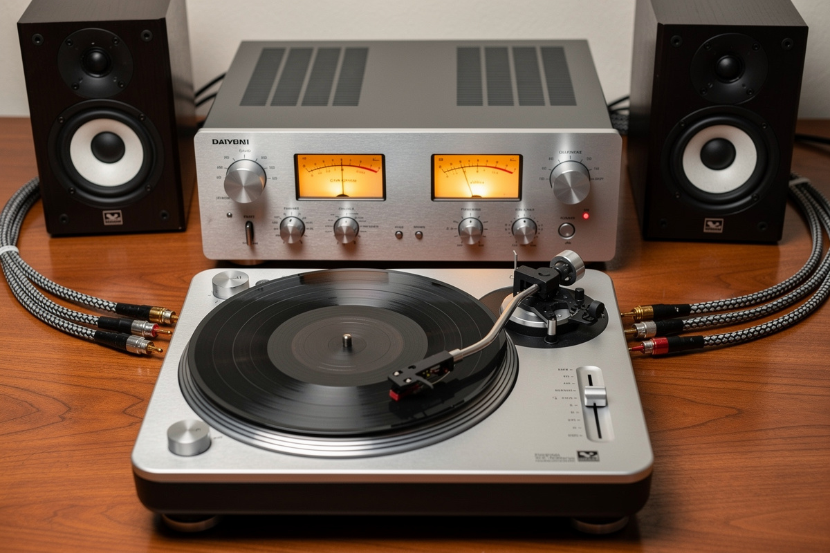 Audiophile separates system: turntable, integrated amp, and passive bookshelf speakers