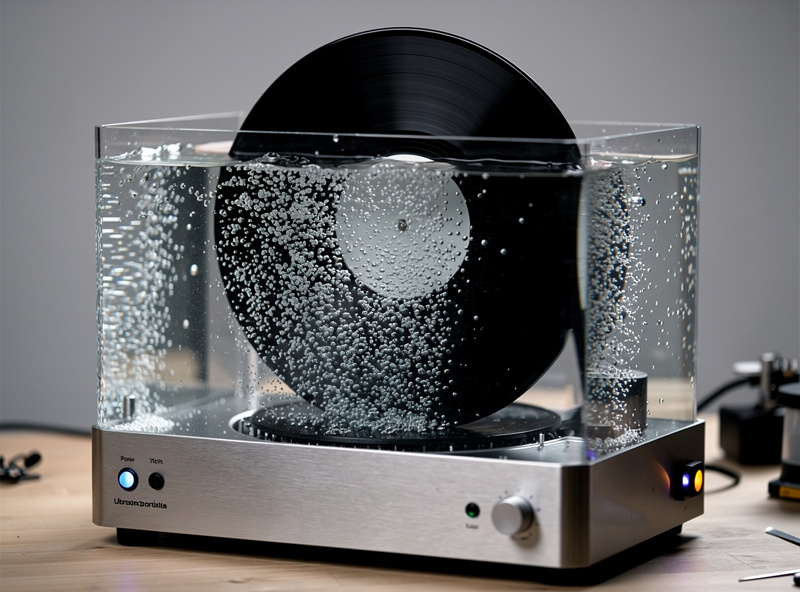 Four record cleaning tools arranged on a table: brush, velvet pad, vacuum machine, ultrasonic cleaner