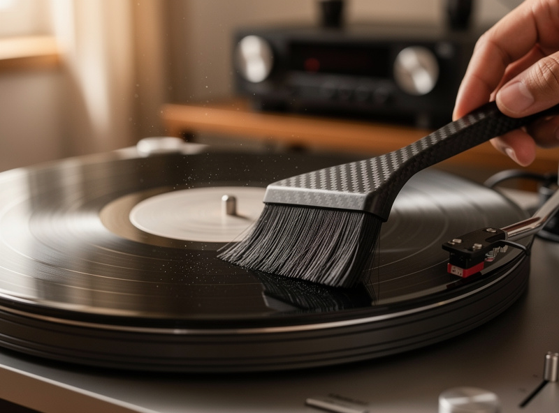 Person using a velvet brush to clean a vinyl record with cleaning solution