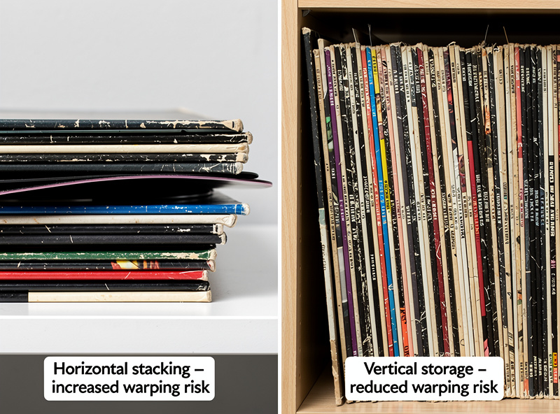 Vinyl records stored vertically on a wooden shelf with proper support