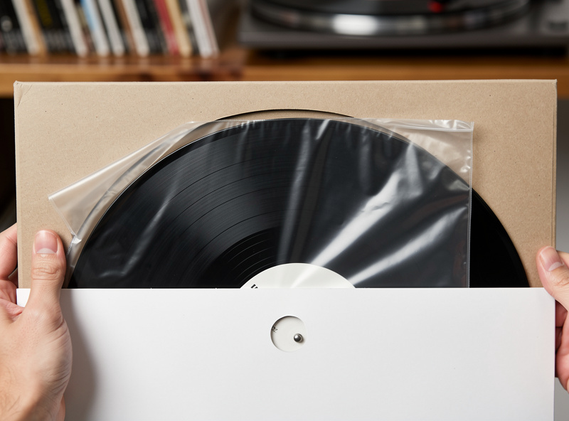 Digital hygrometer showing 44% humidity and 68°F temperature next to vinyl record storage