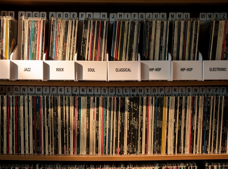 Protective archival sleeve being placed over an album jacket on a shelf