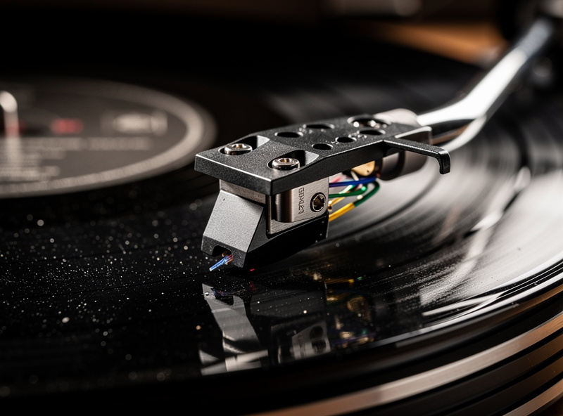 Close-up of a turntable platter with tonearm and cartridge visible