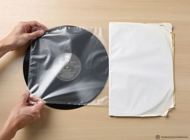Hands properly holding a vinyl record by its edges near the turntable