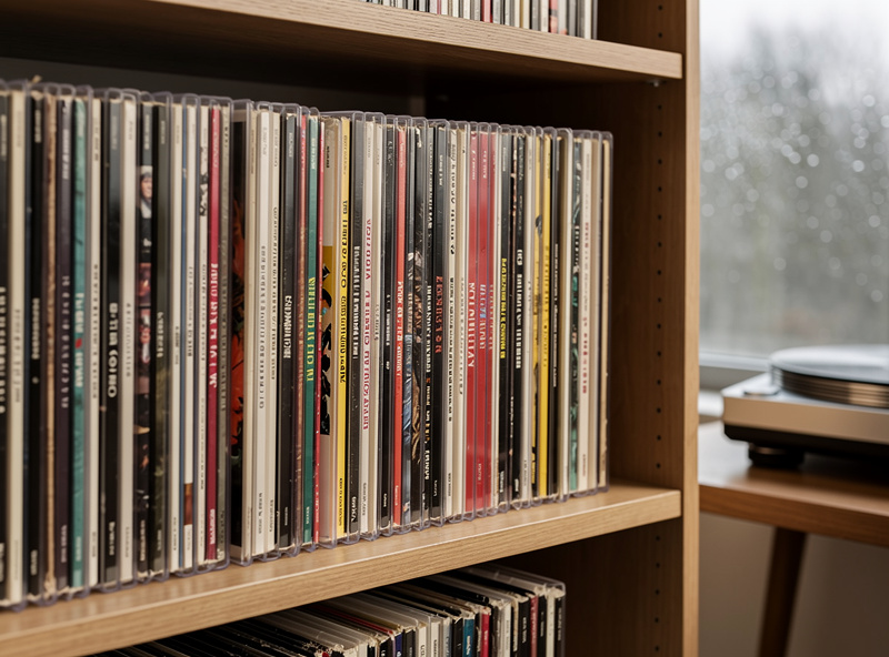 Hygrometer displaying 45% humidity next to a row of vinyl records on a shelf