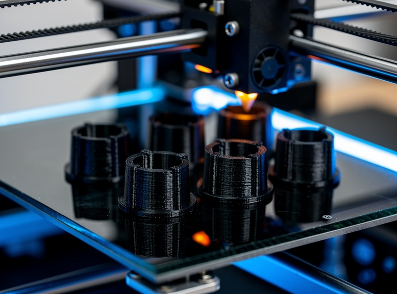 3D printer producing small black PETG turntable accessory parts on the build plate