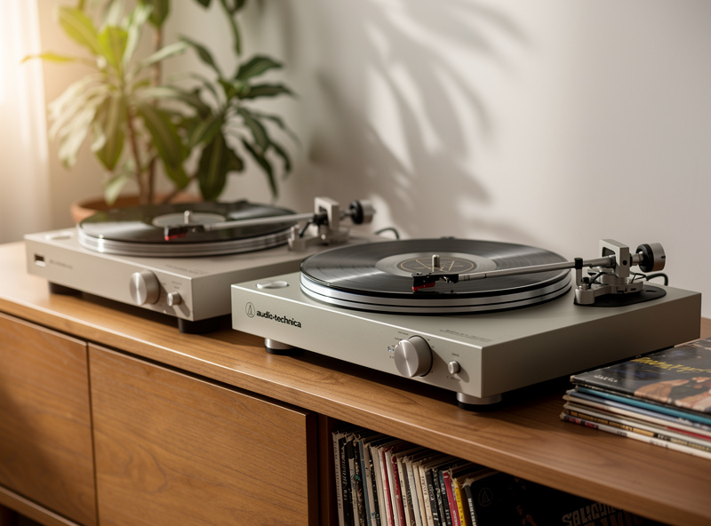 Three Audio-Technica turntables side by side showing size and design differences