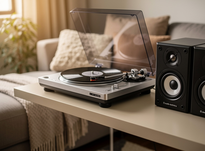 Audio-Technica AT-LP60X vinyl player on a shelf with powered speakers