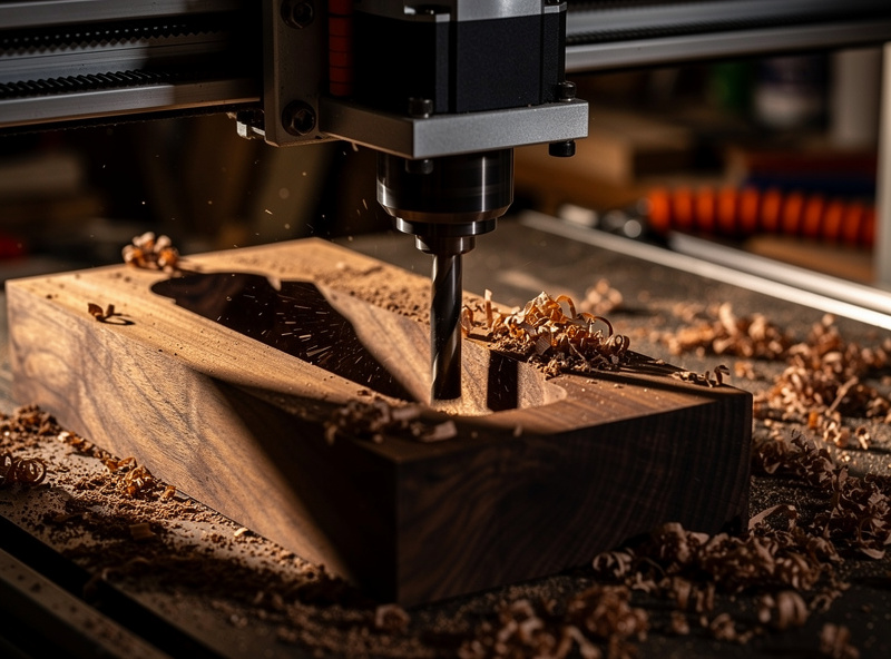 Desktop CNC machine cutting deep pockets into a walnut hardwood plinth blank with wood chips