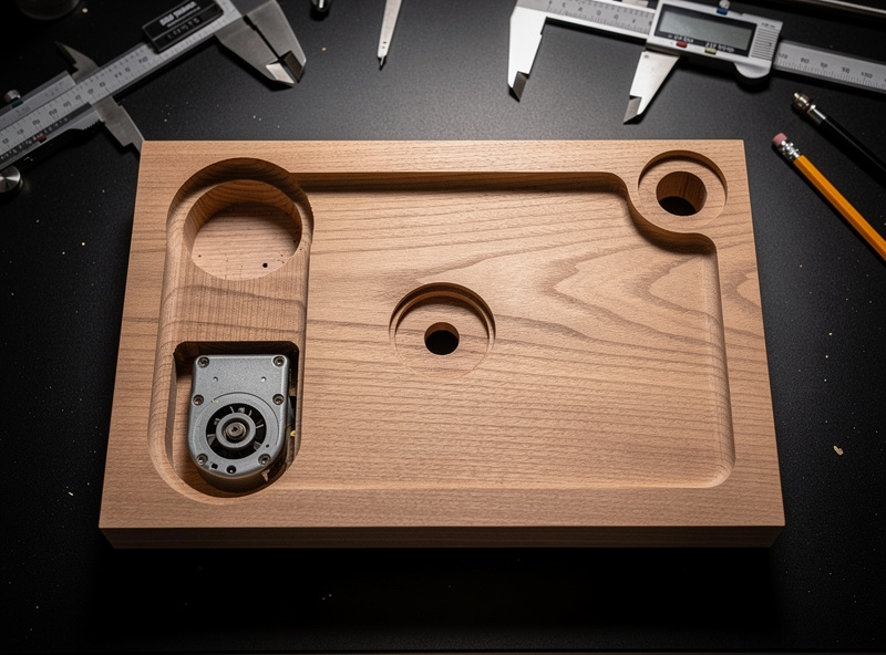 Top-down view of CNC-machined hardwood turntable plinth blank showing motor cutout and bearing well