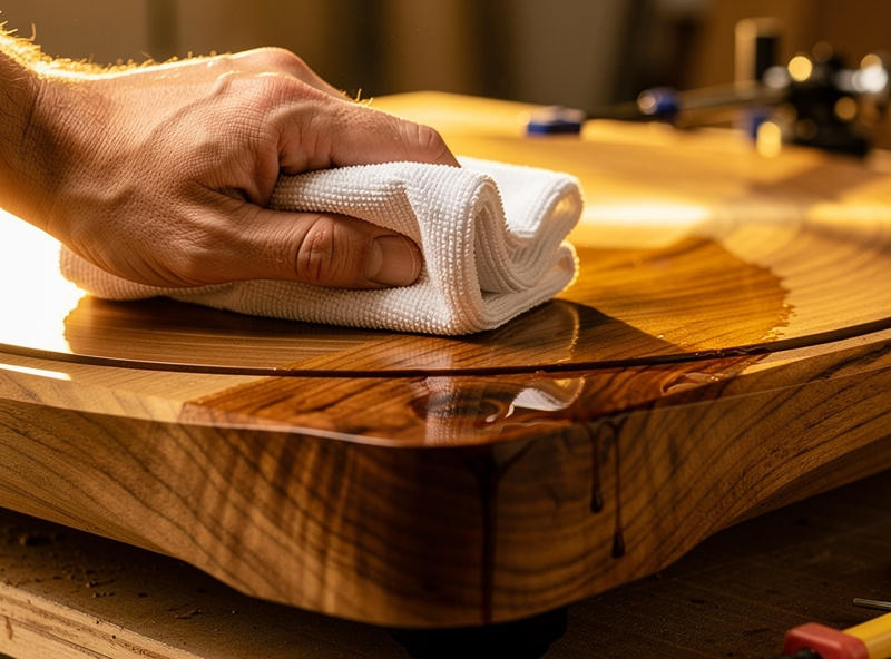 Hand applying tung oil finish to a CNC machined wooden turntable plinth with microfiber cloth