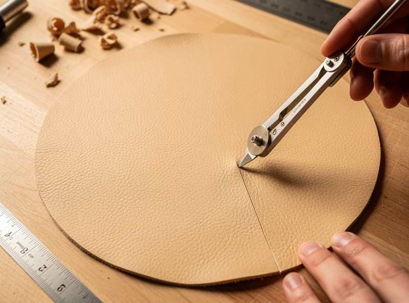 Veg-tan leather sheet being cut into circle for turntable mat DIY project