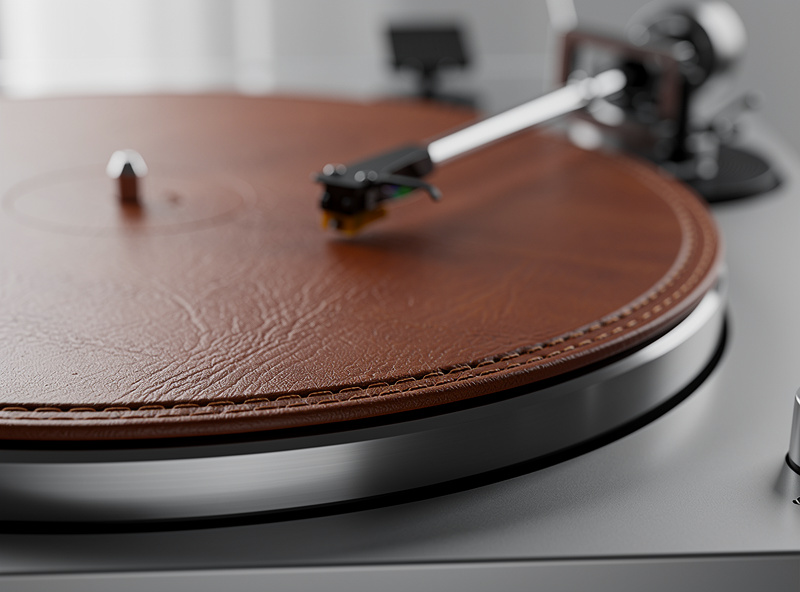 Burnished leather turntable mat with edge finishing on record player