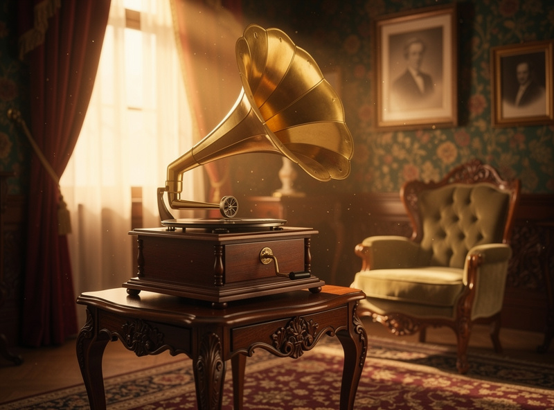 Vintage phonograph with large horn next to a modern turntable on a shelf