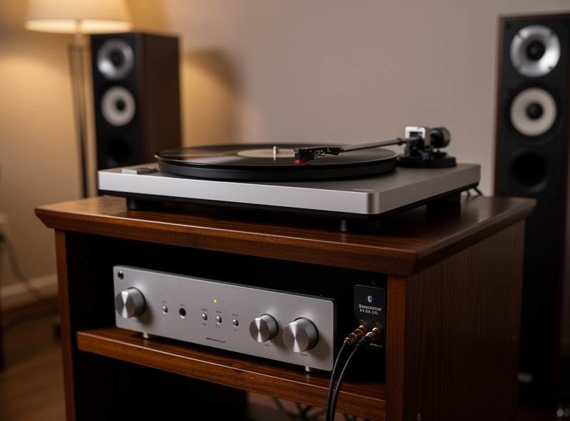 Hi-fi listening room with a turntable on a wooden rack, an integrated amplifier below it with a Bluetooth bridge module connected to the tape-out RCAs, two floor-standing speakers, soft warm room lighting