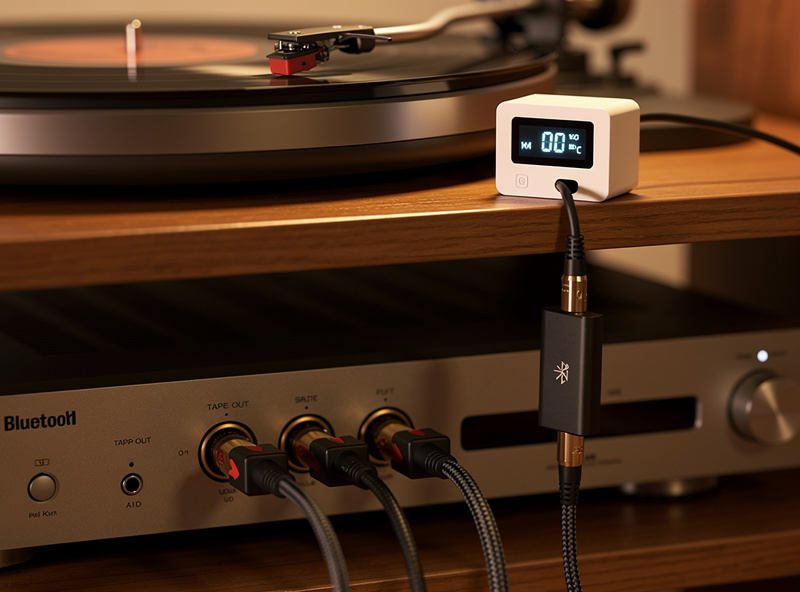 Hi-fi rack close-up showing a turntable powered through a small white smart plug with energy monitoring LCD readout, the integrated amp visible below with the Bluetooth bridge connected to its tape-out RCAs