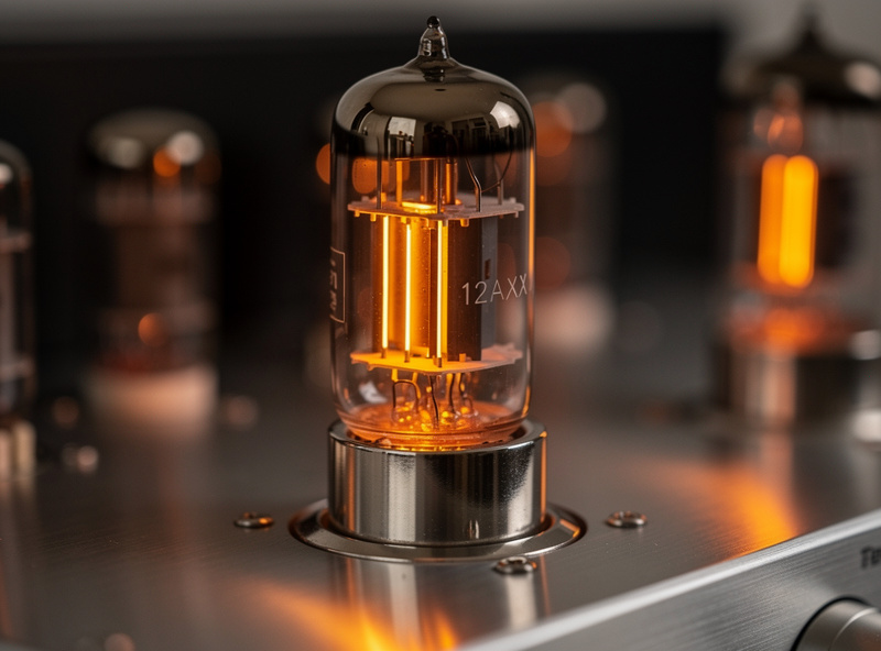 Macro close-up of a glowing 12AX7 vacuum tube on a tube amplifier chassis with internal filaments visible amber polished metal