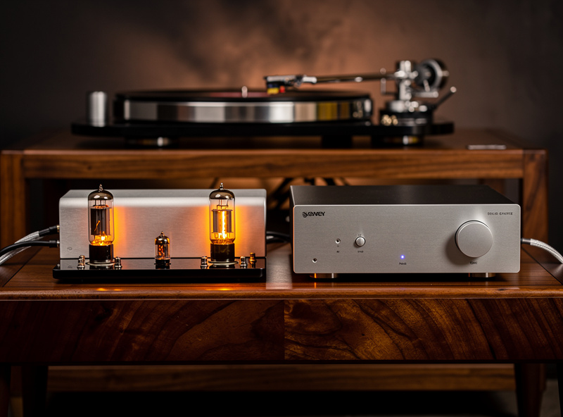 Side-by-side photograph of tube amplifier and solid state amplifier on wooden audio stand with phono cartridge and turntable in background