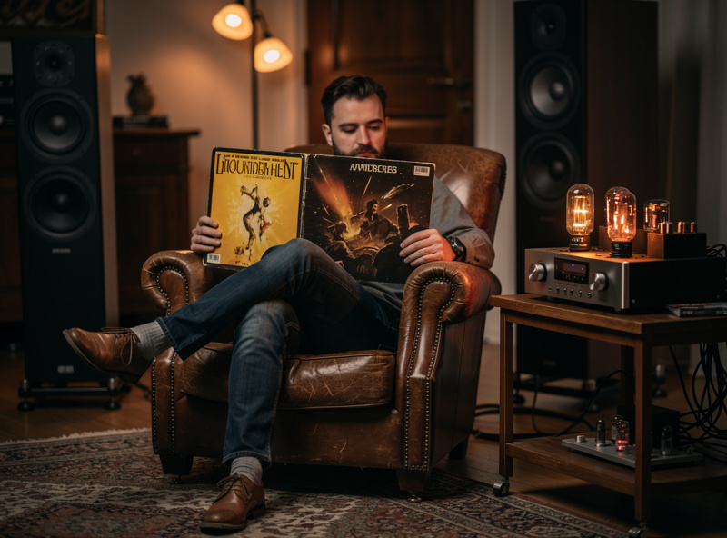 Cozy listener seated in leather chair with vinyl record album cover on lap glowing tube amplifier on shelf and floorstanding speakers visible