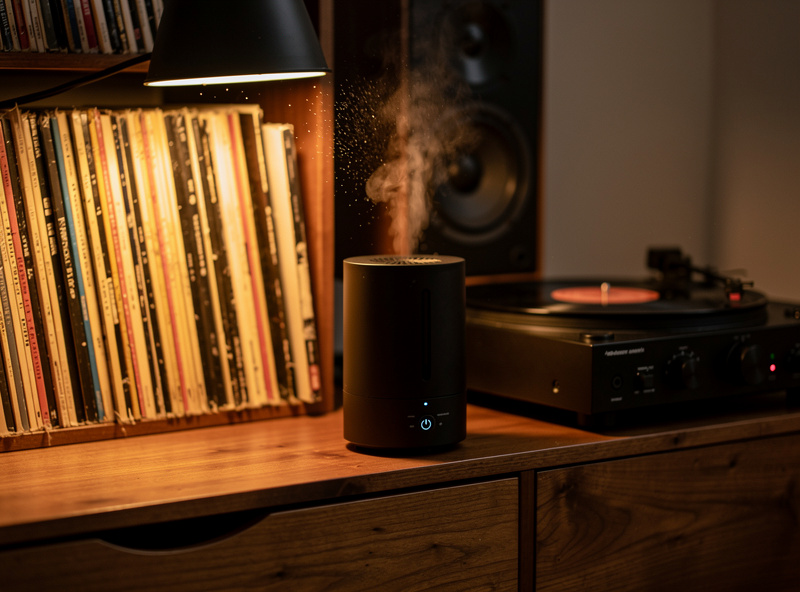 A room humidifier beside a shelf of vinyl records in a listening room