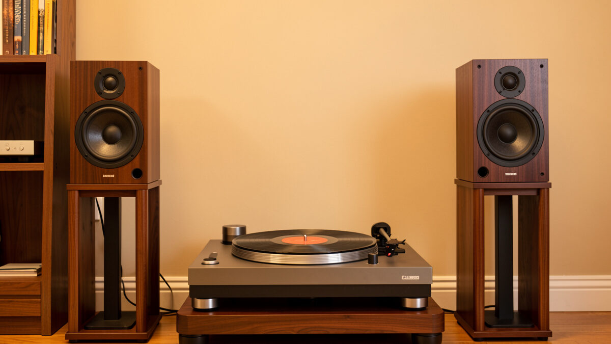 Bookshelf speakers on stands flanking a turntable in a vinyl listening room