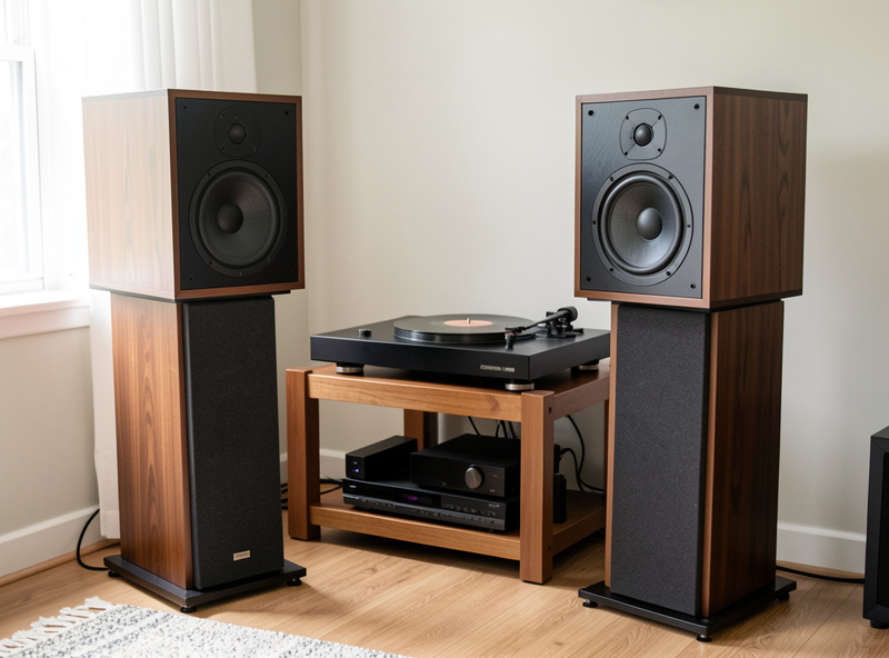 A pair of two-way bookshelf speakers on stands beside a turntable in a listening room