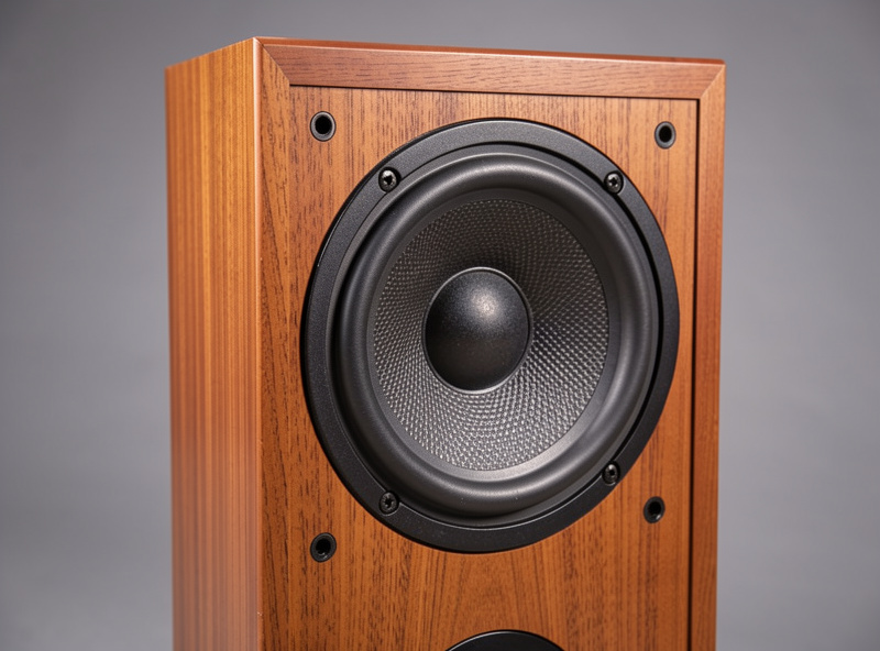 Close-up of a value bookshelf speaker driver and cabinet on a wooden stand