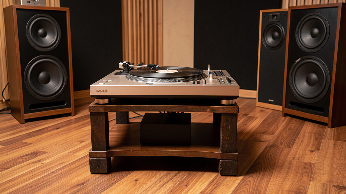 Turntable on a heavy low audio stand away from the speakers