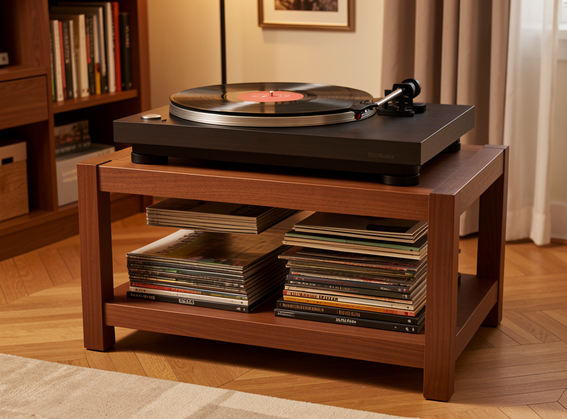A turntable on a low, rigid solid-wood audio rack in a listening room