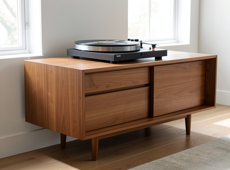 A solid sideboard used as turntable furniture with the deck placed over a leg