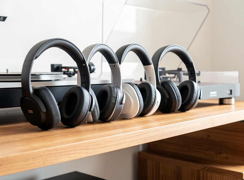 Several pairs of over-ear headphones lined up on a wooden shelf beside a turntable