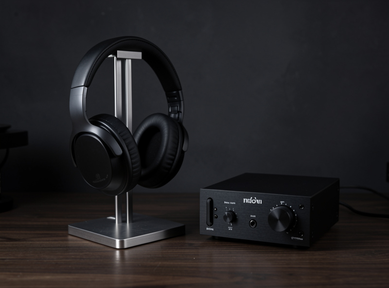A planar magnetic open-back headphone on a stand next to a desktop headphone amplifier