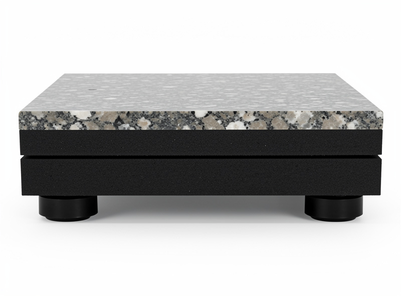 Layered turntable isolation platform showing stone top, damping layer, and decoupling feet