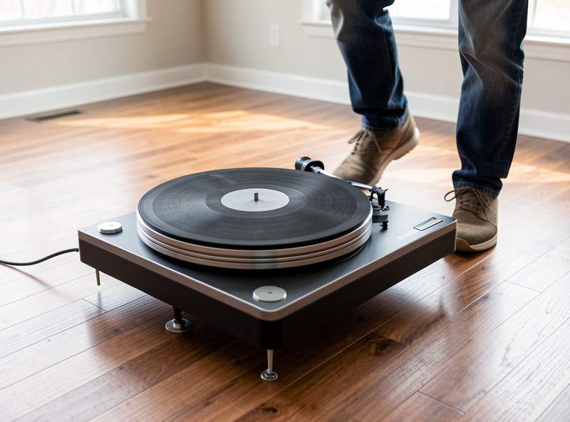 Turntable isolation platform on a suspended wood floor being tested for footfall