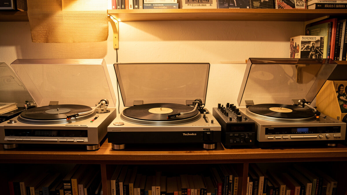 A row of vintage turntables on a shelf including a Technics direct drive and classic belt drive decks