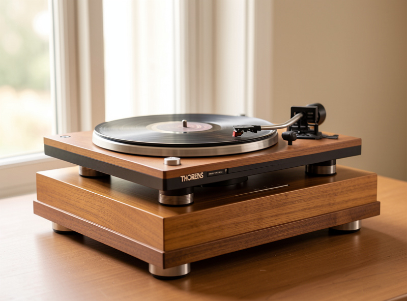Vintage Thorens style belt drive turntable with wooden plinth and floating sub-chassis