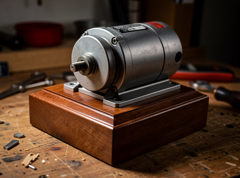 Idler drive turntable motor unit in a heavy wooden plinth on a workbench