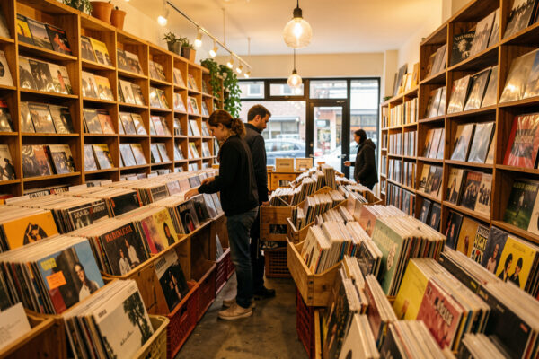 Buying vinyl at record stores