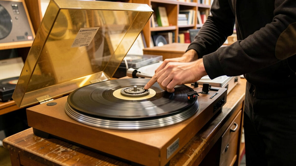 Buyer inspecting a vintage turntable by spinning the platter in a secondhand shop