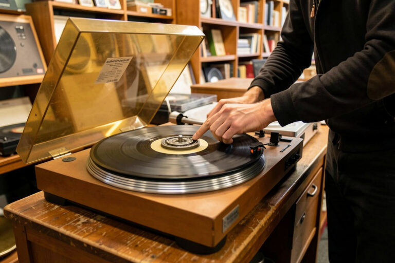Buyer inspecting a vintage turntable by spinning the platter in a secondhand shop