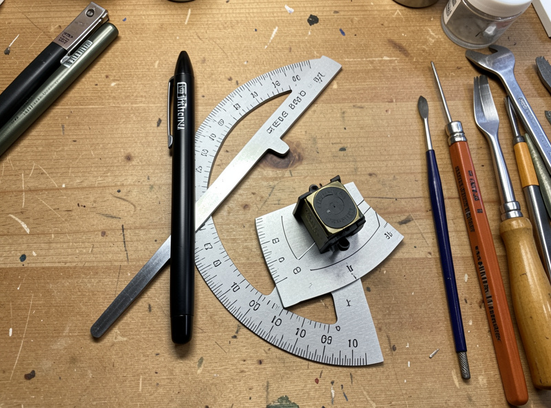 Digital stylus force gauge and alignment protractor on a workbench beside a vintage cartridge