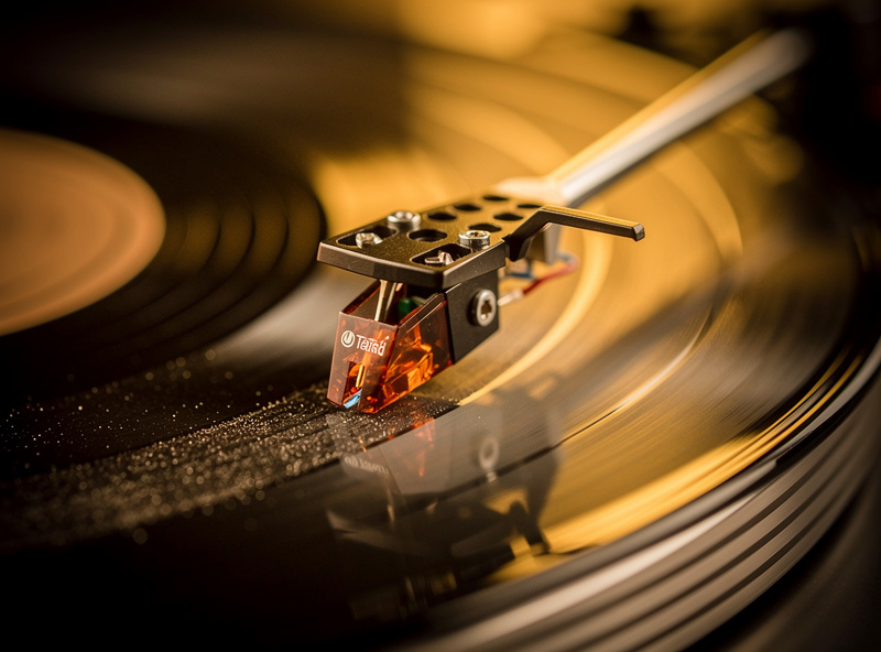 Phono cartridge stylus touching vinyl record groove macro close-up