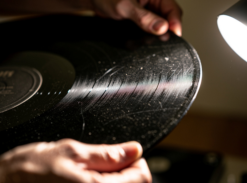 Inspecting a used vinyl record under raking light to reveal dust and scratches