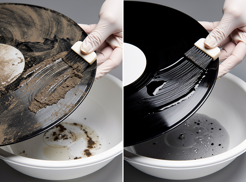 Deep cleaning a grimy used vinyl record with fluid and a brush over a basin